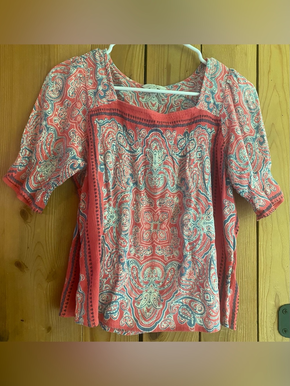Lucky Brand Coral Paisley Smocked Square-Neck Tunic